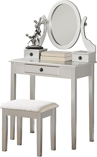 Miniatura 9 de Roundhill Furniture Moniya Mesa de Tocador y Taburete de Madera Blanca (3415WH) Mediano Blanco,Azul,Dorado,Rosa,Púrpura,Oro Rosa,plateado
