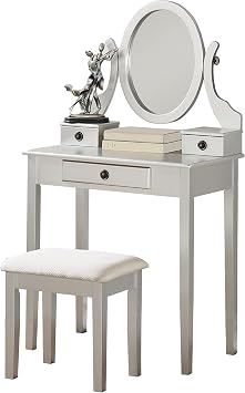 Roundhill Furniture Moniys Wood Vanity Table and Stool Set, Silver