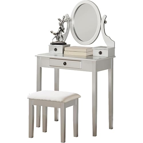 Roundhill Furniture Moniys Wood Moniya Makeup Vanity Table and Stool Set, Silver