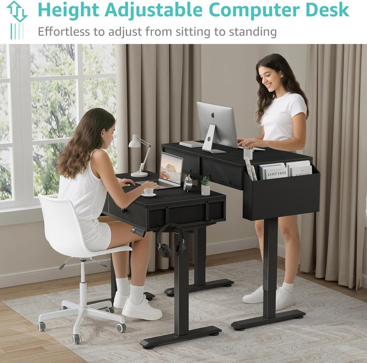 Lufeiya Höhenverstellbarer Schreibtisch Mit 2 Schublade Kleiner Schreibtisch Schwarz Computertisch mit Stauraum Ergonomischer Arbeitstisch für Büro HomeOffice Gaming 80X50CM