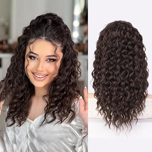 QGZ Extensión de cola de caballo con cordón para mujeres negras, 18 pulgadas, sintética, larga, afro, rizado, esponjoso, para uso diario (marrón