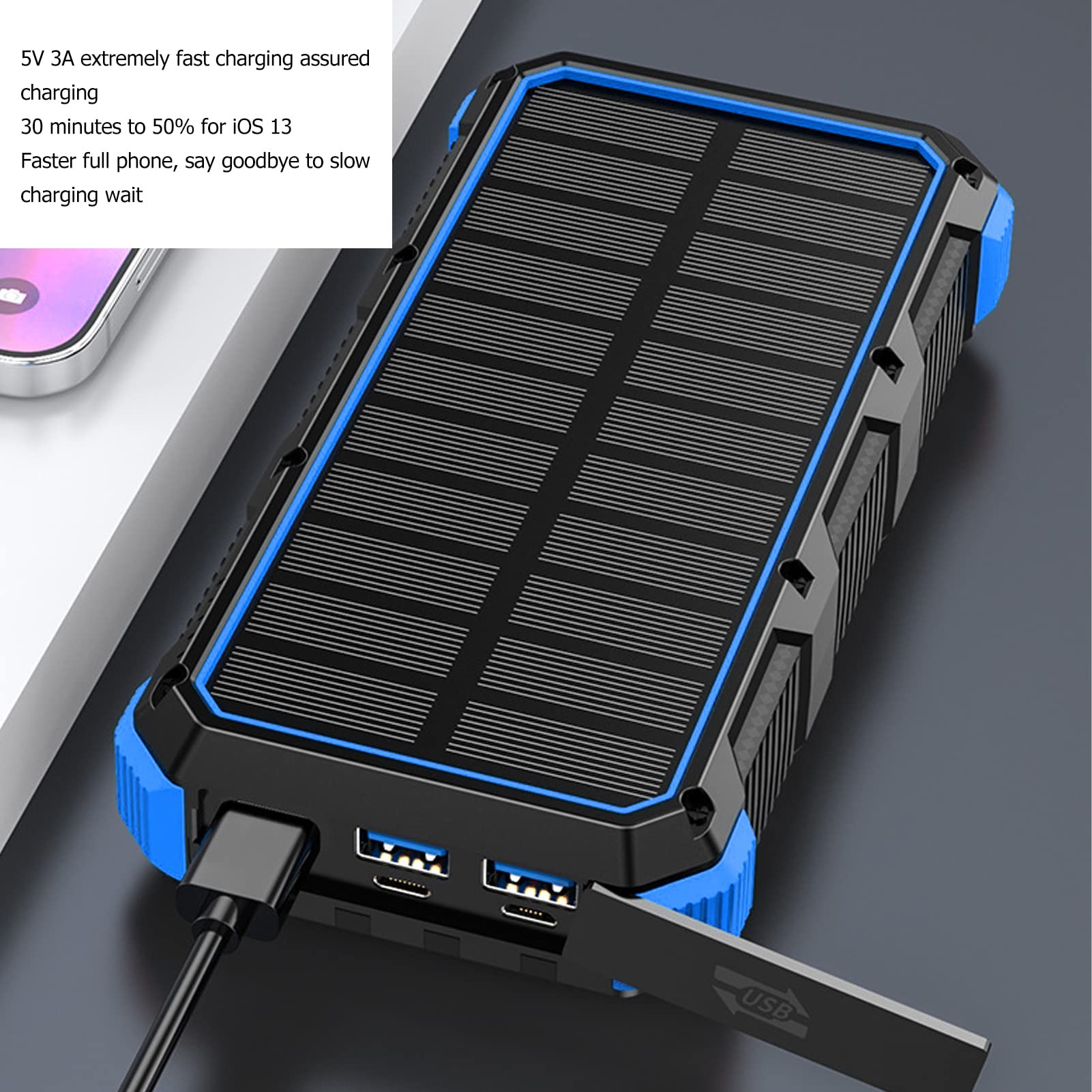 Banque d'énergie Solaire, Banque d'alimentation Portable ABS avec Batterie 36800 MAh, Chargement sans Fil 3 Sorties USB Lumière LED, pour Voyage Camping Chargement de Téléphone 'Urgence