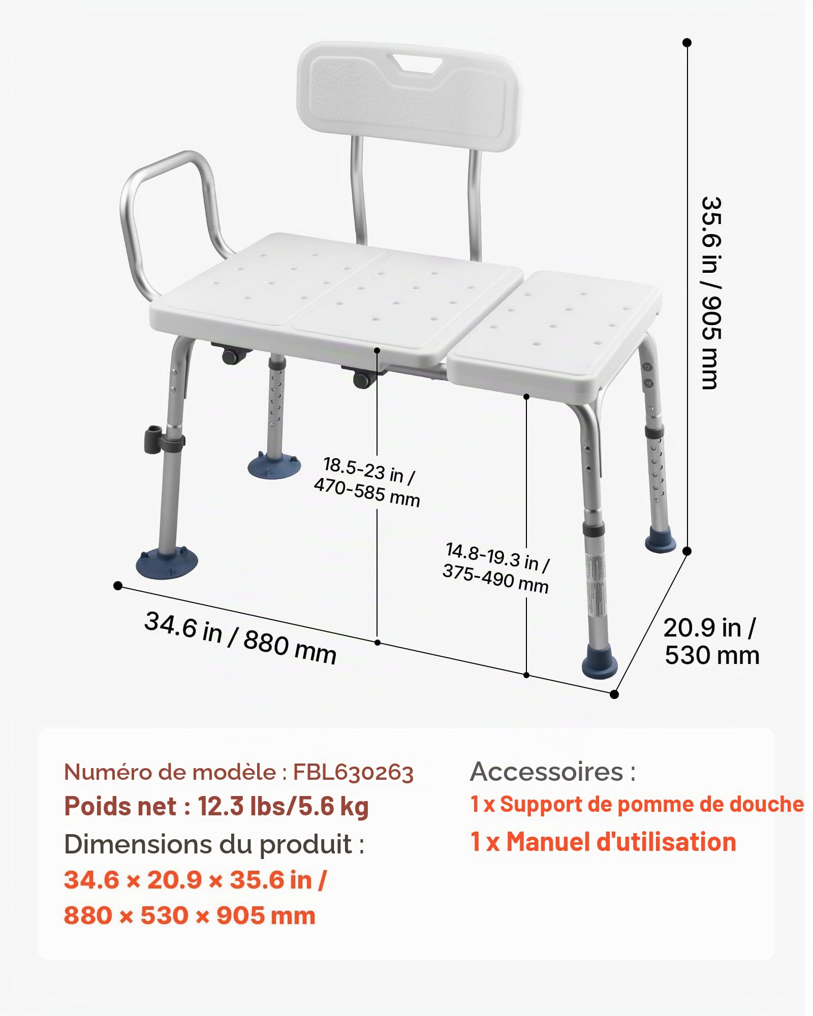 VEVOR Banc de Transfert Baignoire, Siège de Baignoire, Dossier, Poignée d'Appui et Fente pour Rideau, Capacité 180 kg, Chaise de Douche pour Adultes, Personnes Âgées et Handicapés, Hauteur Réglable