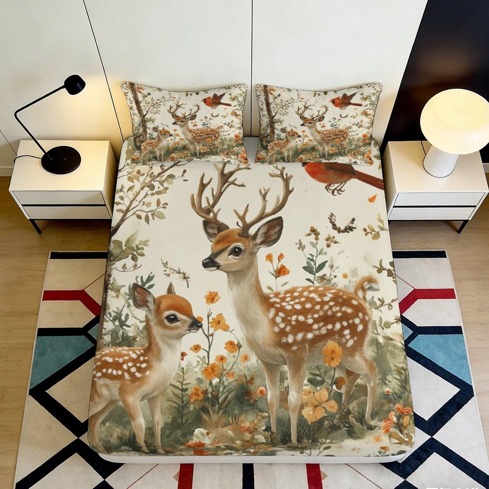 3D Printed Deer Forest Fitted Sheet Microfiber Soft Anti-Slip Woodland Bird Mattress Cover for Bedroom Home Decor 90x200x25cm
