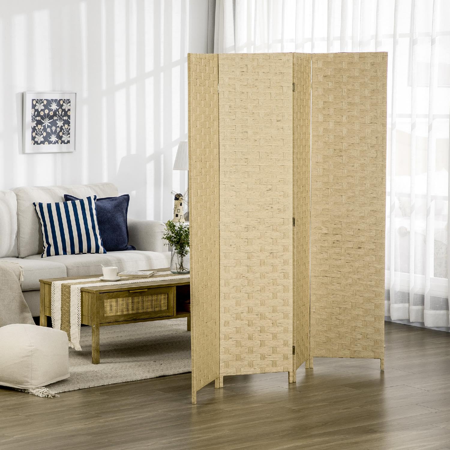 Paravento da Interno 4 Ante in Legno Pieghevole e Salvaspazio Altezza 170cm Marrone