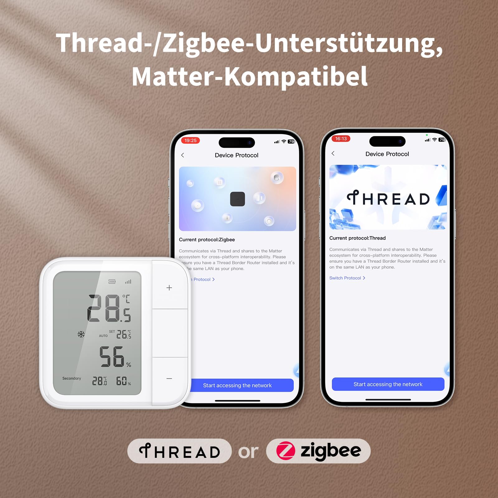 Aqara Raumthermostat W100, Temperatur & Luftfeuchtigkeit Überwachung, Wireless, Fernsteuerung HVAC, 3 Anpassbare Tasten, Matter,Thread/Zigbee, HomeKit, Funktioniert mit Apple Home, Alexa, Google