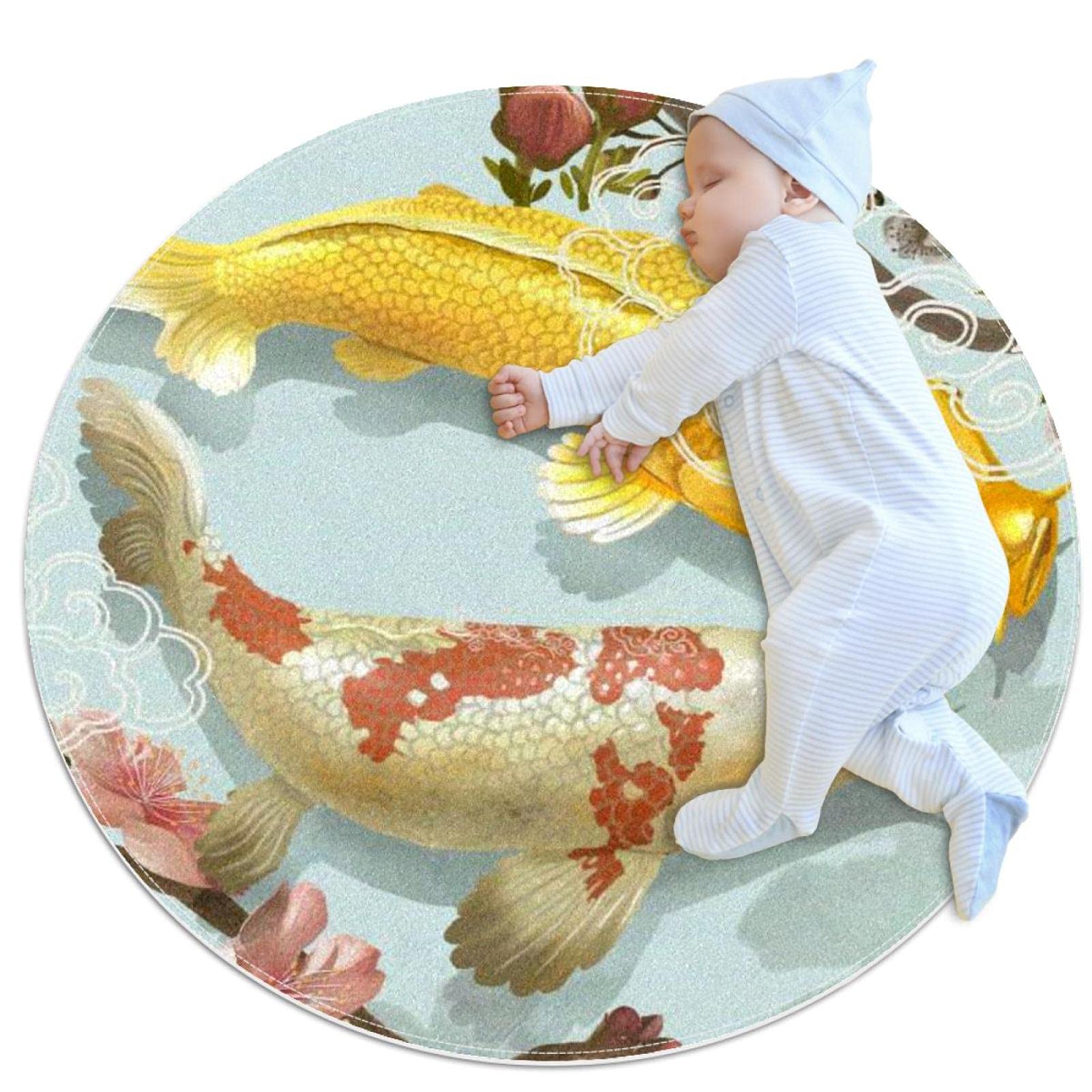 Tapis doux pour salon antidérapant 100cm imprimé carpe japonaise et fleurs