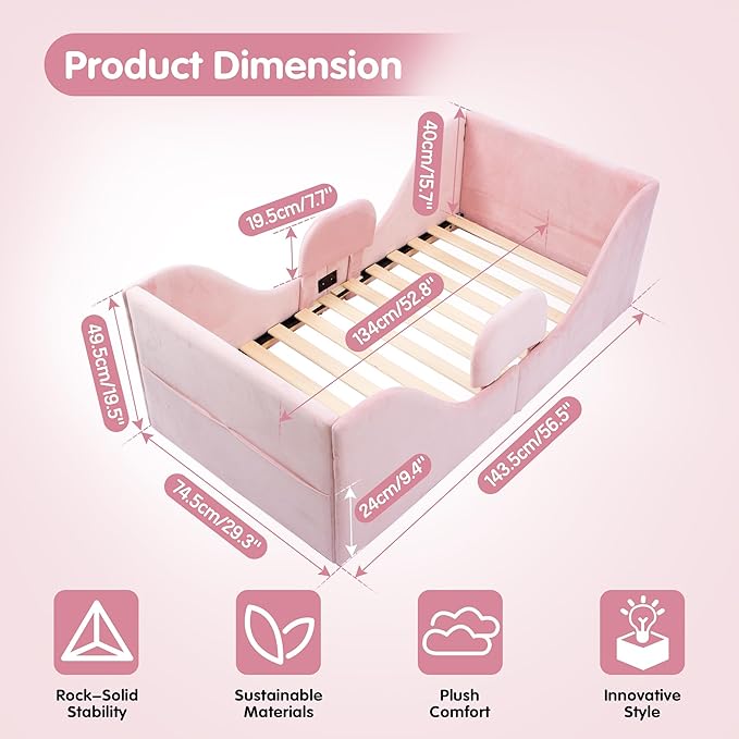 Cama Toddler con Barandillas de Seguridad - Terciopelo Rosa miniatura 2