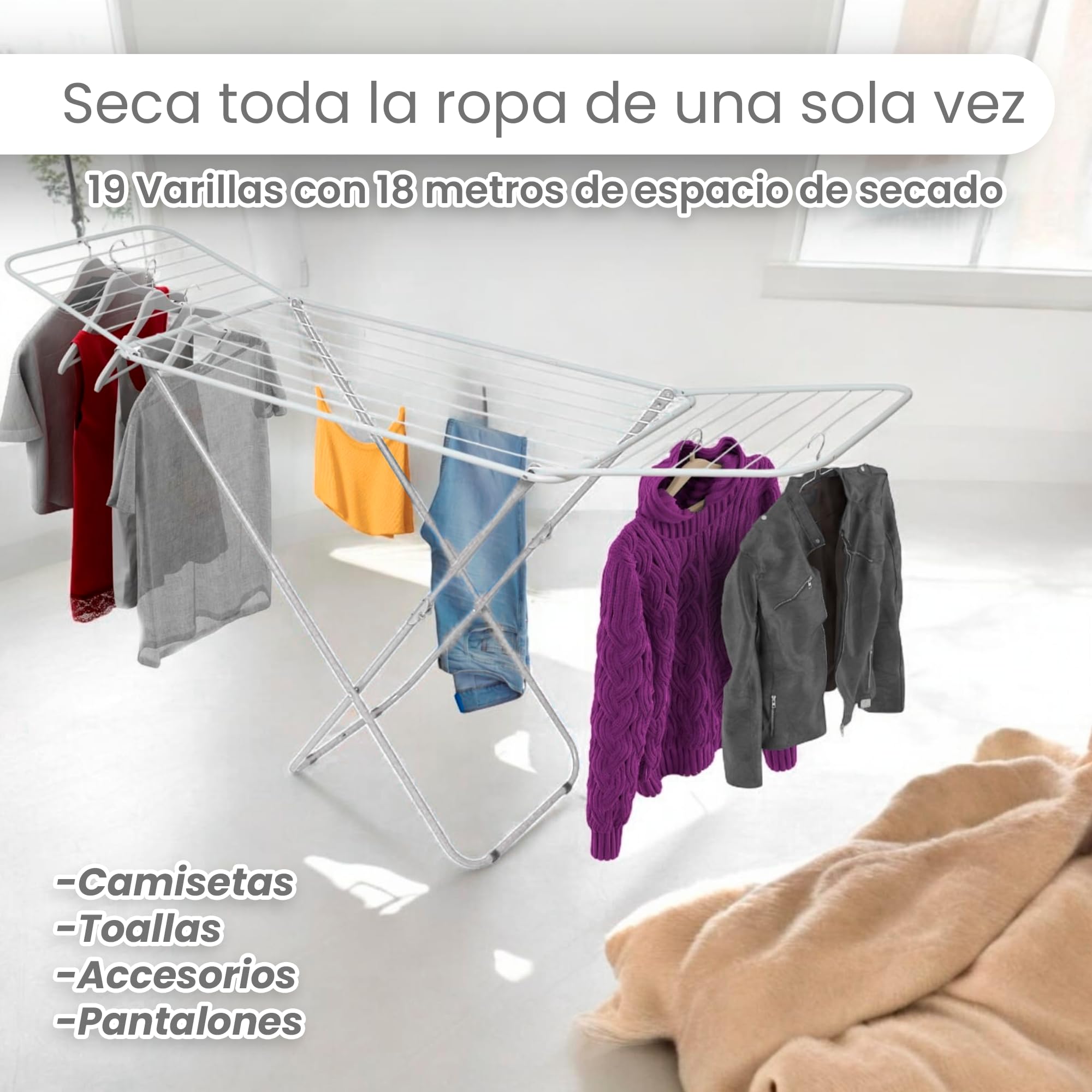 Tendedero Plegable Extensible 18m - Tenderetes de Ropa Plegables de Secado Rápido - Sisi Tendedero Plegable Hogar - Tendedero Secador de Ropa con Alas - Tenderete Extensible (Blanco)