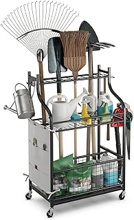 Safstar Rolling Garden Tool Organizer, 26" x 15.5" x 40" Yard Tool Rack with Wheels, Hooks & Storage Bag for Long Handle Tools, 3-Tier Garage Tool Storage Oraganizer Holder for Garden Yard Shed