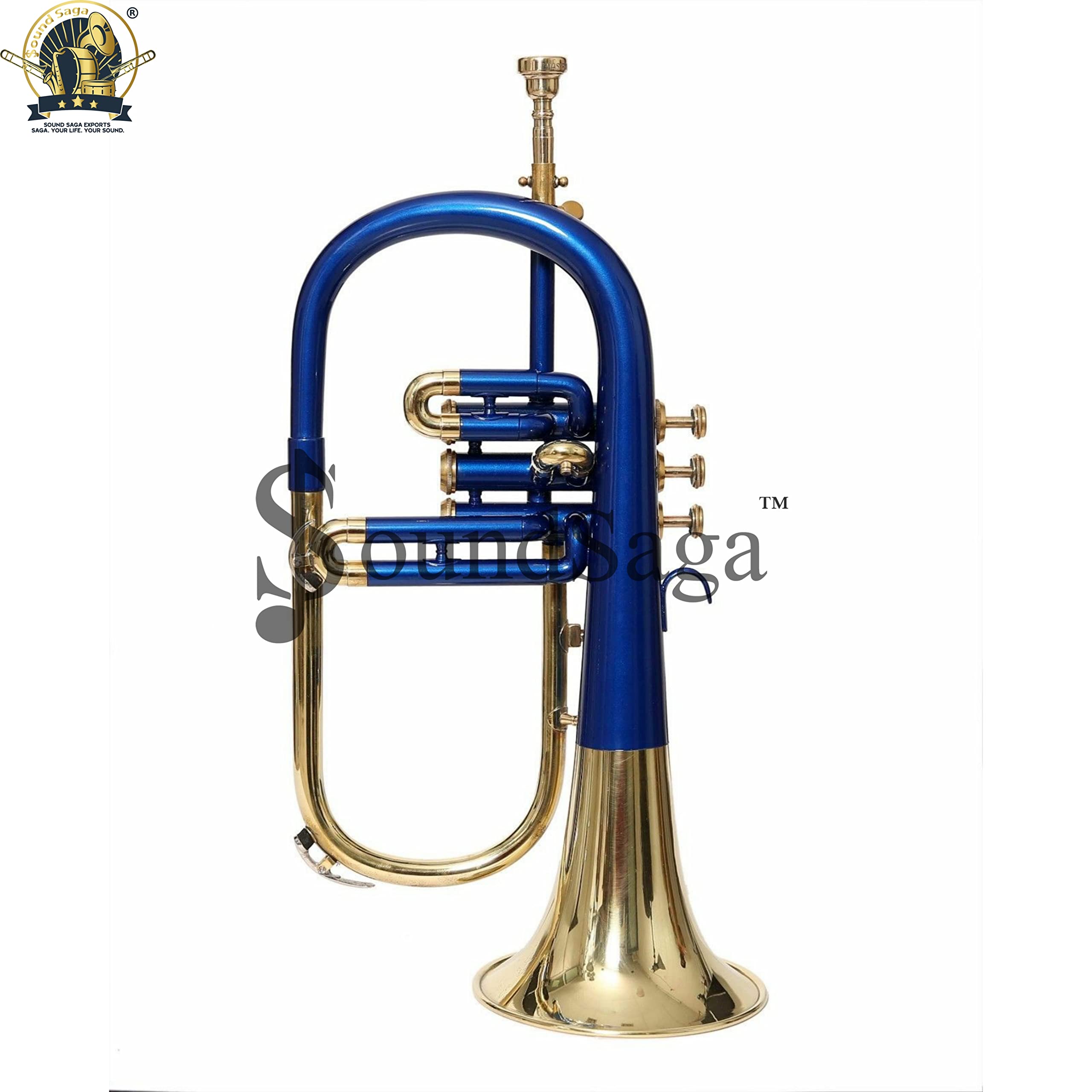 Flugel Horn 3-zaworowy skok BB najwyższej jakości mosiądz, w tym ustnik i futerał (niebieskie złoto)