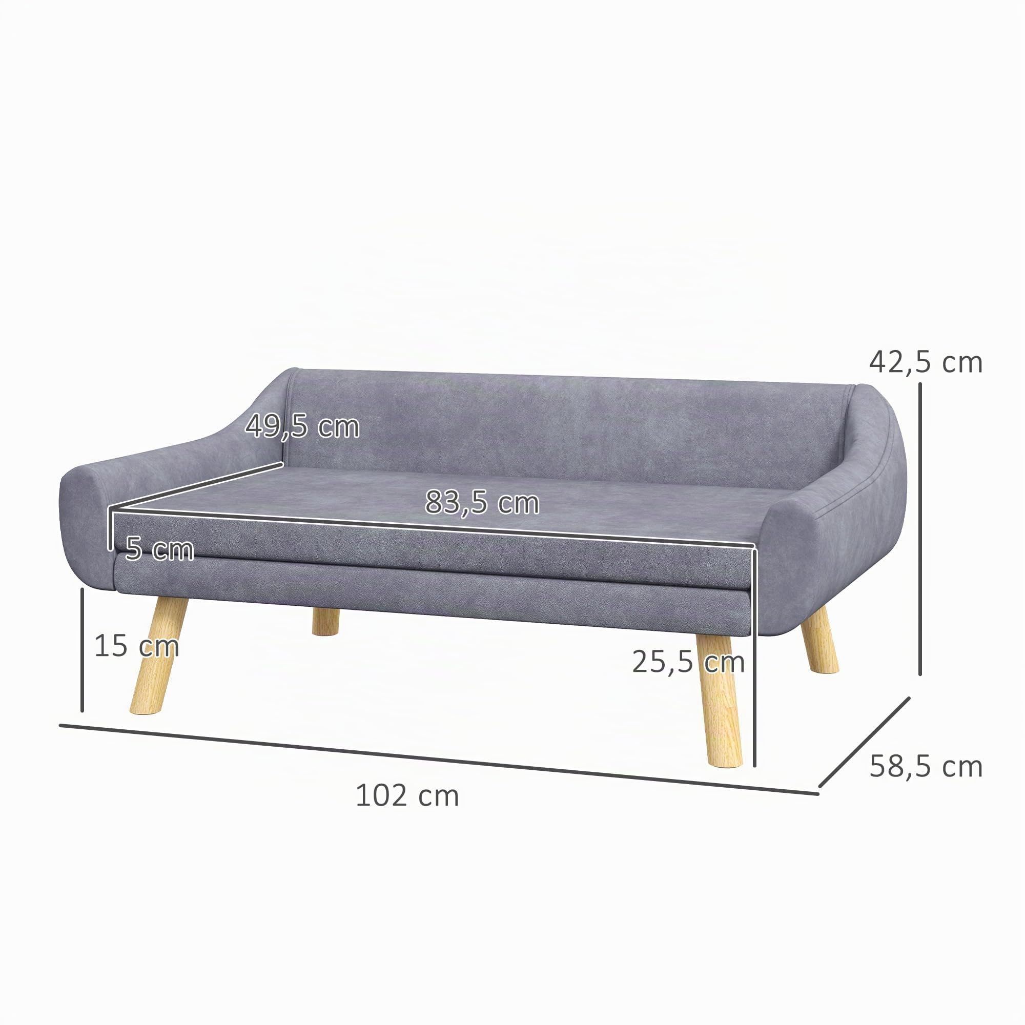 PawHut Sofá para Perros Grandes con Respaldo Gris 102x58.5x42.5 cm | Sofá para gatos, sofá para perros con patas de madera, sofá para mascotas con cojín, terciopelo.