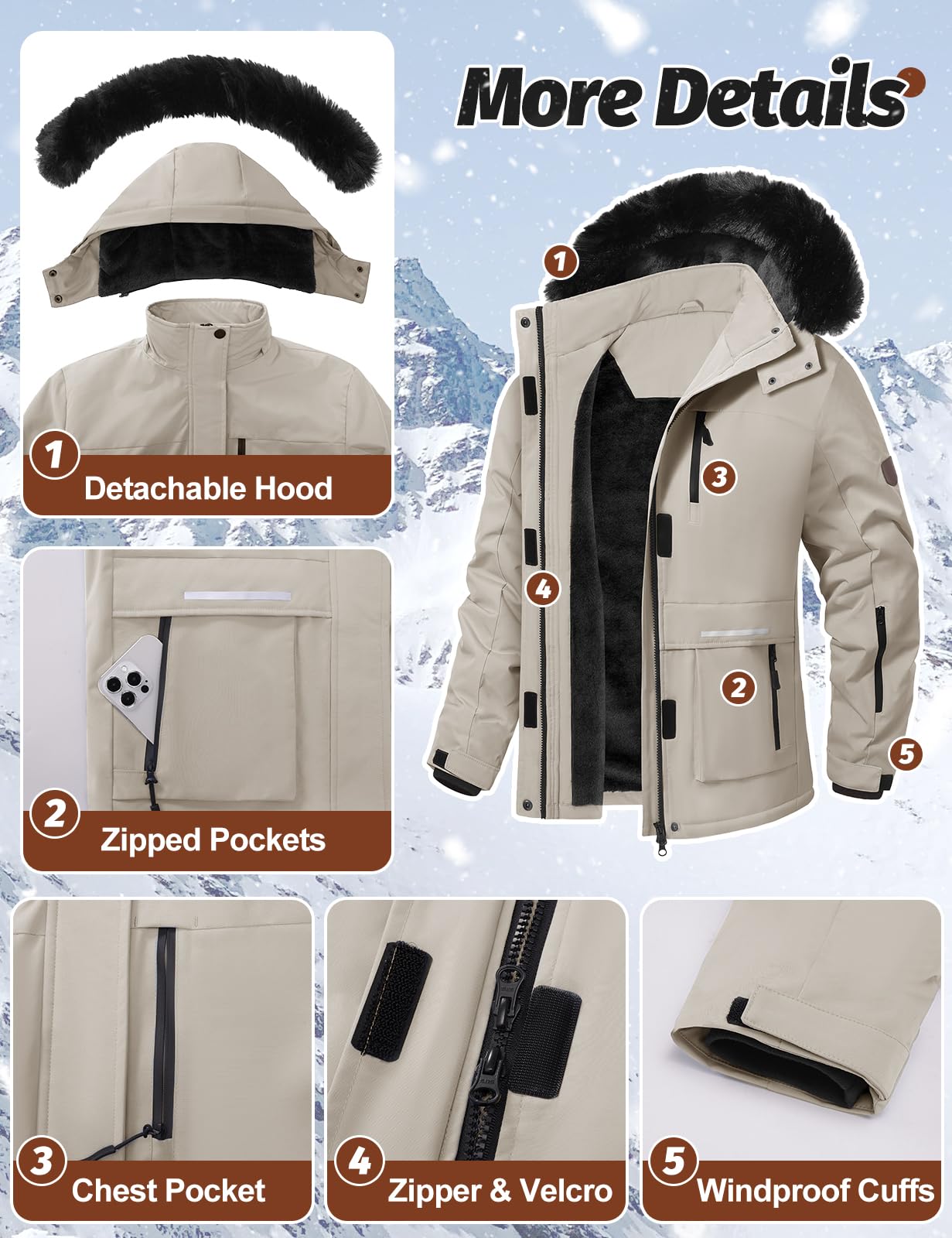 Voqeen Chaqueta de Esquí Invierno para Mujer Termica Abrigo de Nieve Impermeable de Montaña Forro Polar Antiviento Cazadora con Capucha
