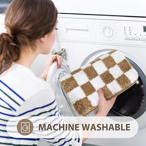 Miniatura 6 de Uphome Juego de alfombras de baño a cuadros caqui, 2 piezas, antideslizantes, absorbentes de agua, tapetes de baño pequeños de microfibra de felpa,