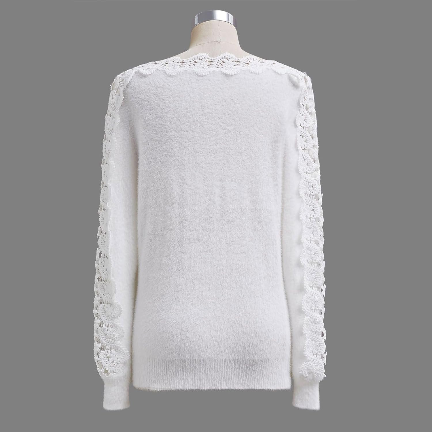 CHICWISH Women Lace Trim Fuzzy Knit Sweater Fall Casual Crewneck Crochet Lace Long Sleeve Soft Pullover Sweaters Tops - Image 4