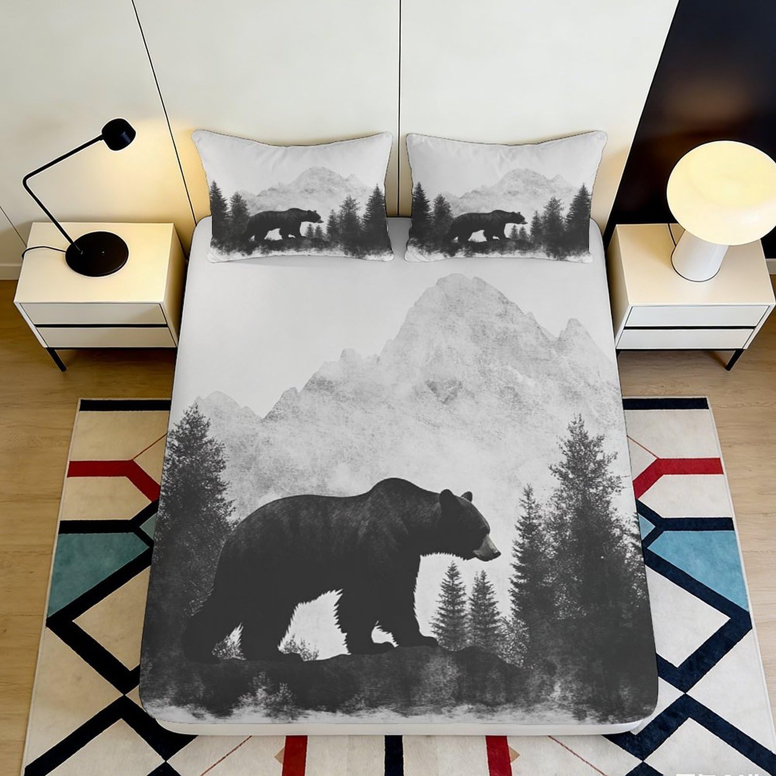 3D Printed Bear Mountain Fitted Sheet Microfiber Soft Durable Forest Bed Cover for Bedroom Dormitory Guest Room Mattress Protection Decoration 200x200x25cm