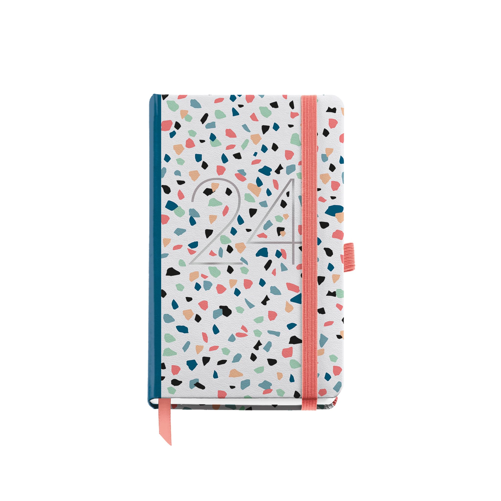 Miquelrius - Annual Diary 2024, Day Page, Passport Size 90 x 140 mm, Hard Cover, Stitched Binding, Elastic Closure, Catalan, English and Portuguese, Terrazzo with Stamping Silver
