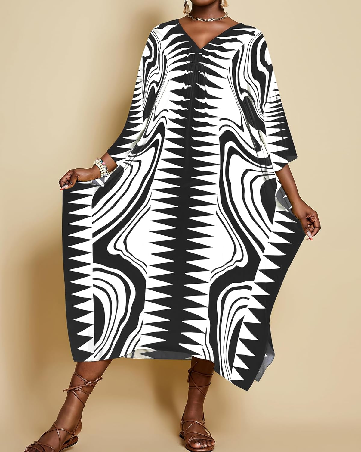 Bsubseach Kaftan Dresses for Women Geometric Print Caftan Long Beach Swimsuit Cover Up Loungewear Dress - Image 5