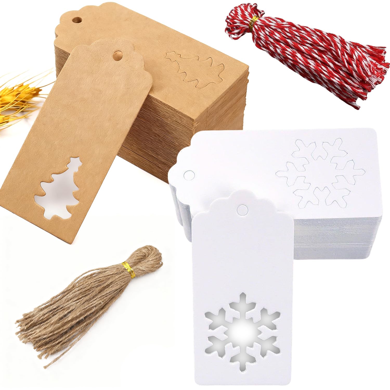 LEOUEANR Pack of 100 Christmas Tags Paper Tags with String Kraft Paper Christmas Labels for Gift Ribbon, Wedding Gift, Bottle Labels, Name Tags