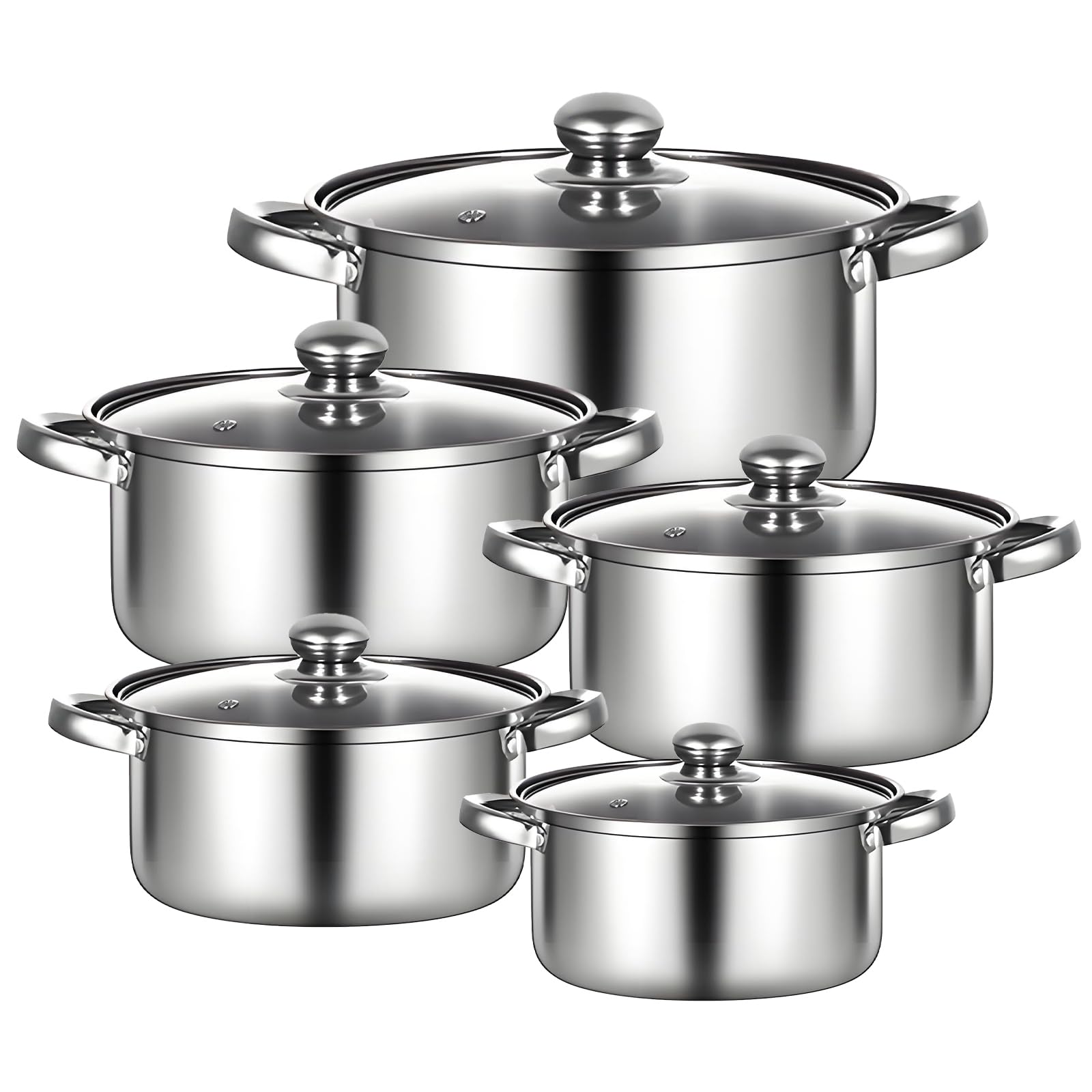 Set di 10 pentole in acciaio inox, 16-26 cm, set di pentole in acciaio inossidabile, con coperchio in vetro e comoda maniglia, riscaldamento rapido, facile da pulire, supporta piani cottura a