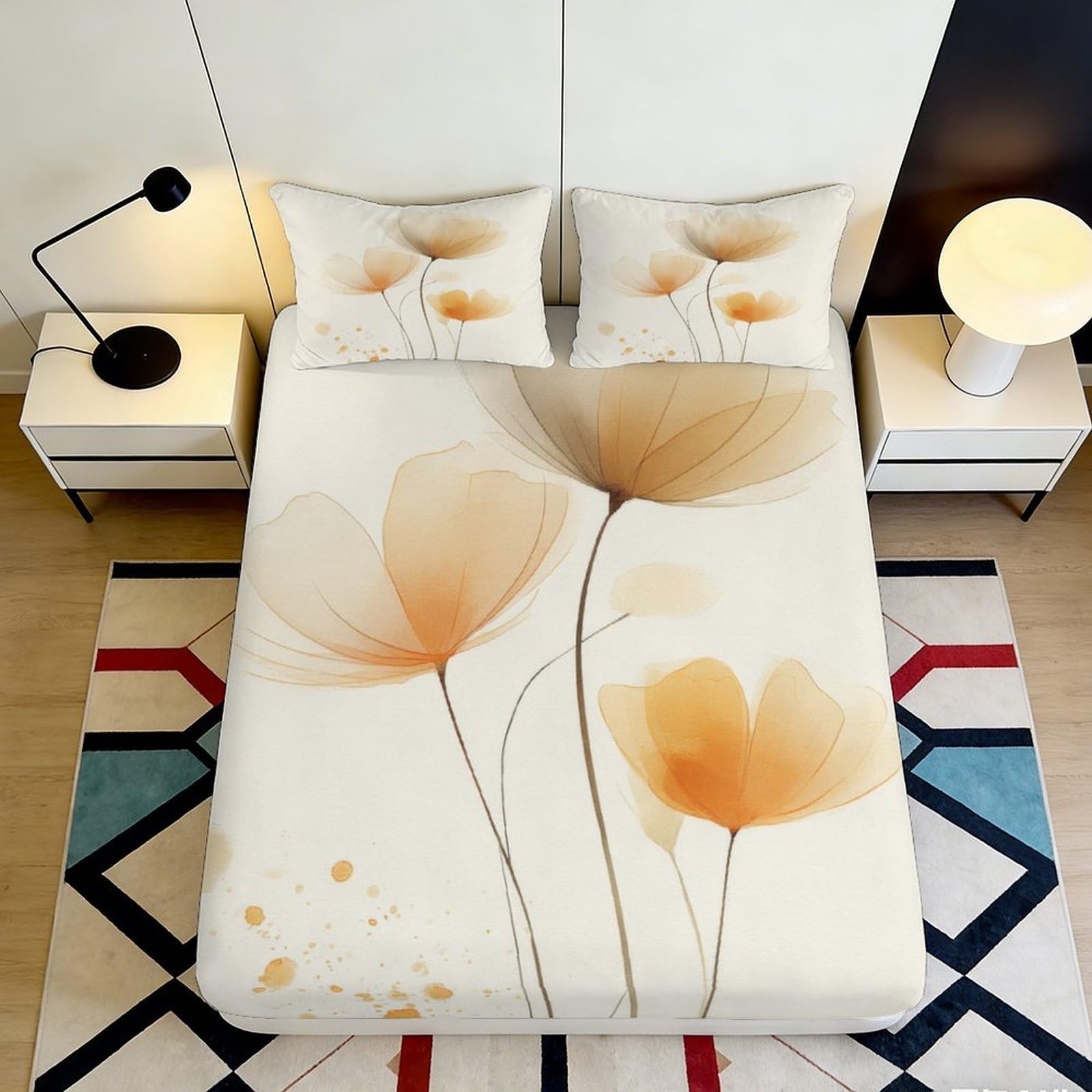 3D Printed Watercolor Floral Fitted Sheet Microfiber Orange Blossom Bed Cover for Bedroom Dorm Mattress Protection 90x200x25cm