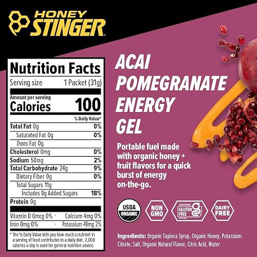 Miniatura 2 de Honey Stinger Gel energético orgánico de granada Acai  Sin gluten y sin cafeína  Para ejercicio correr y rendimiento  Nutrición deportiva para hogar