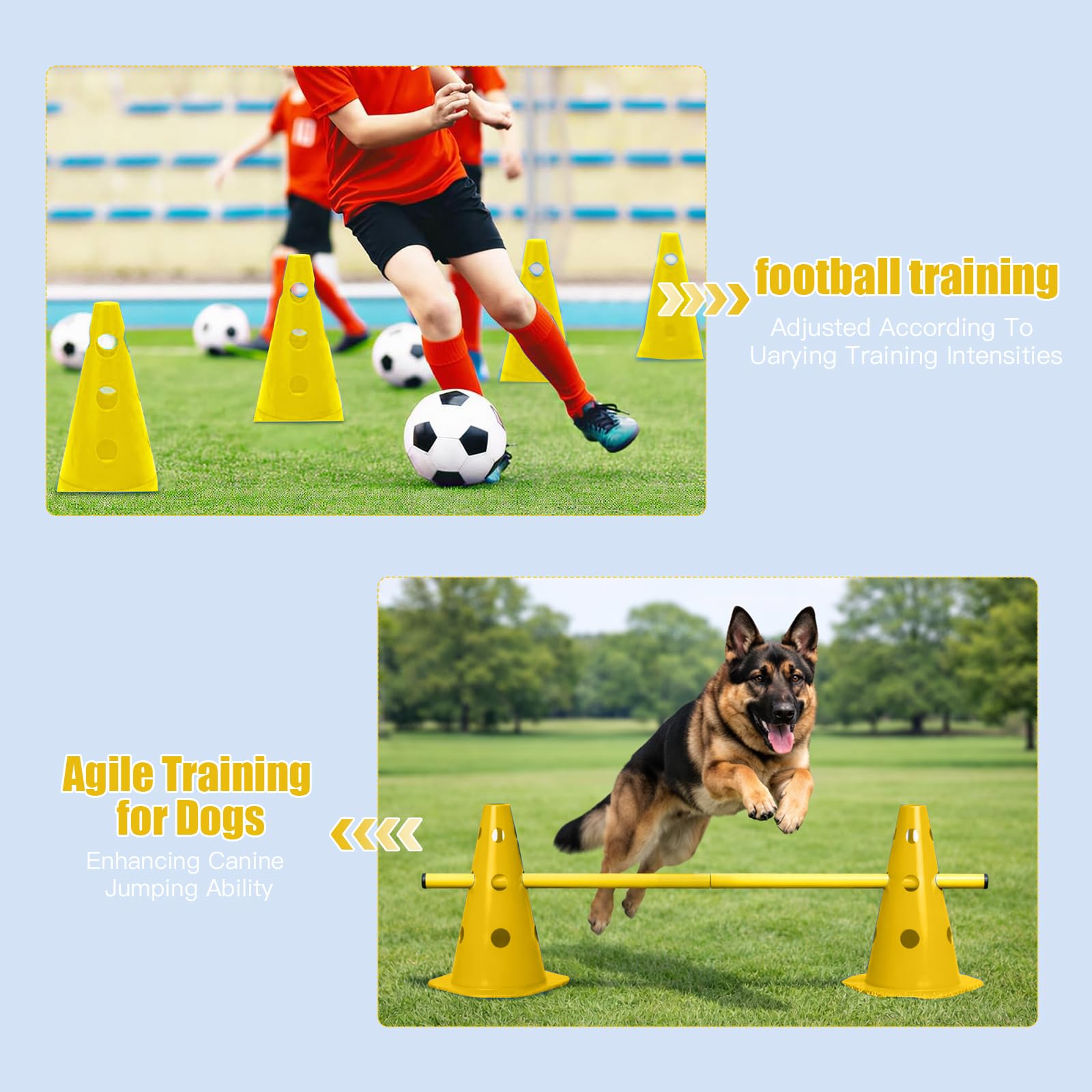 Set de Vallas de Agilidad con 10 Conos + 5 Barras, Altura Regulable para Entrenamiento Canino y Fútbol, Set Multiuso para Niños, Perros y Caballos, 23 cm de Alto, 80 cm de Largo (Amarillo)