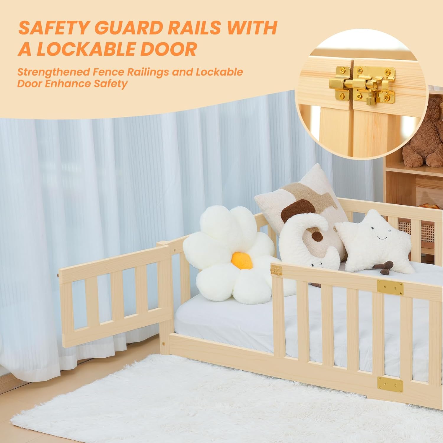 NAIZEA Twin Floor Bed for Kids-Twin Montessori Bed Frame with Wood Slats and Door and Slats, Wood Toddler Floor Beds for Girls and Boys, Natural