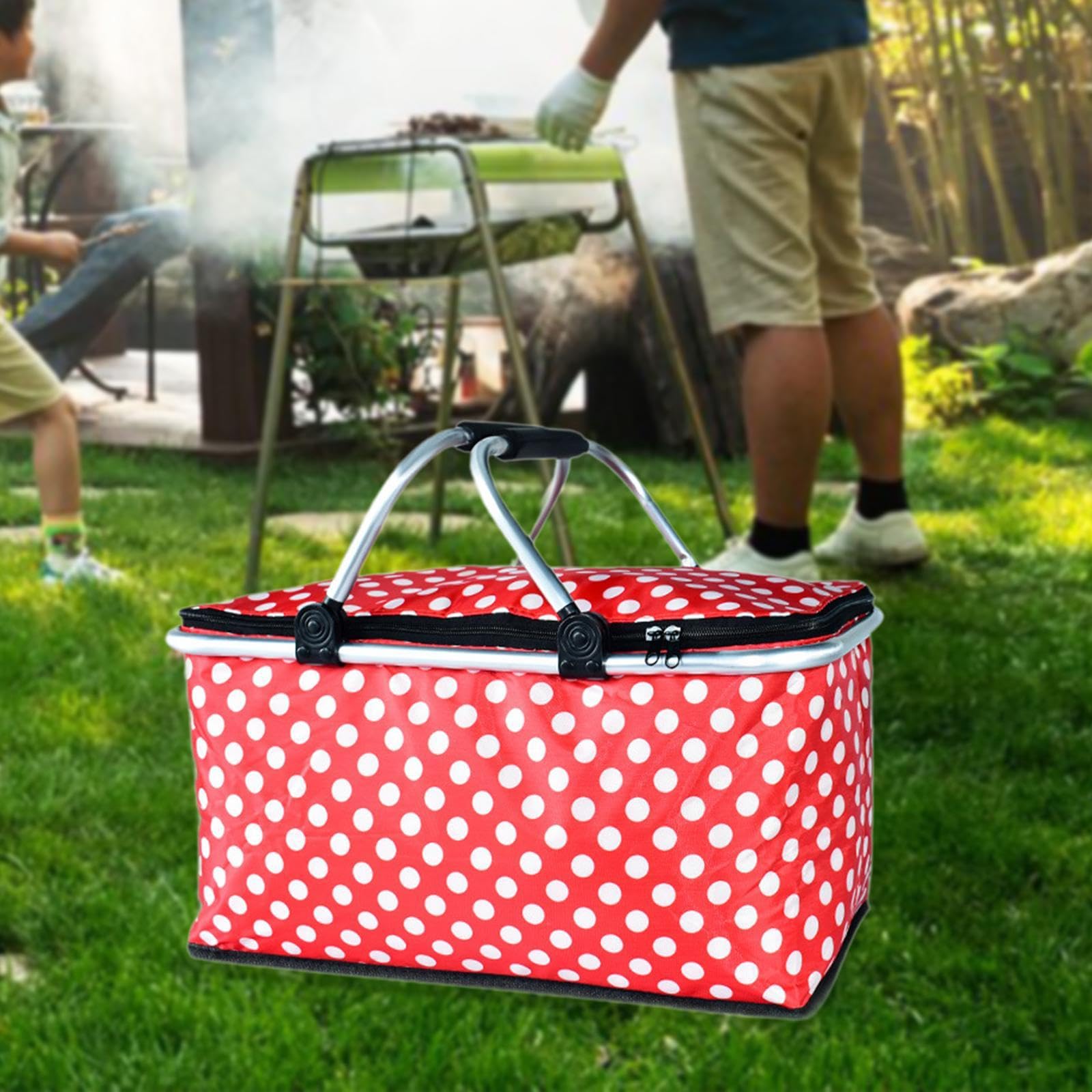 Bolsa Isotérmica Tipo Cesta de Picnic con Forro Impermeable, Térmica Plegable para Viajes, Senderismo Y Acampada, Punto Rojo