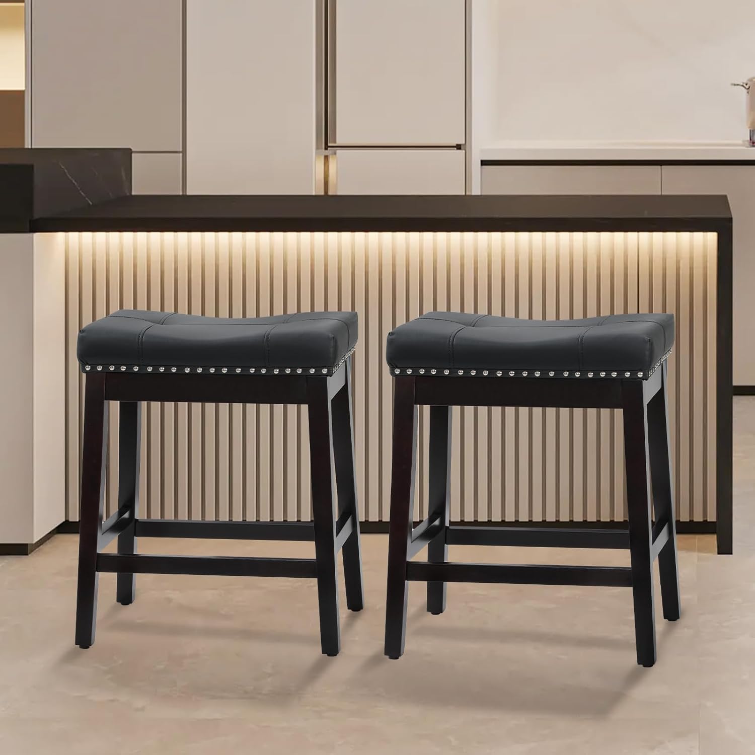 MoNiBloom Bar Stools Set of 2, 25" PU Leather Counter Height Stools with Footrest, Nailed Backless Saddle Barstools for Kitchen, Dining Room, Café, Black Frame, Black Seat