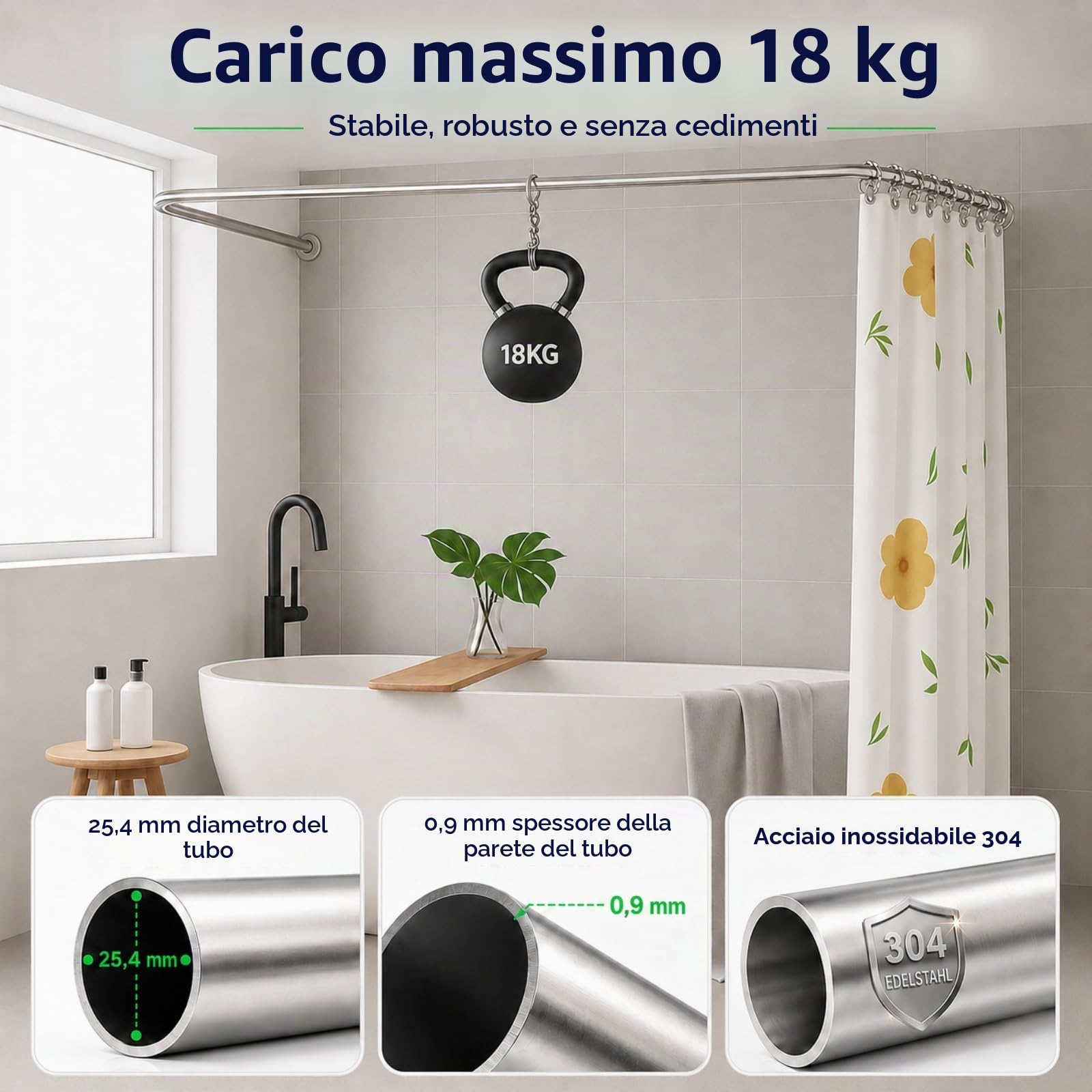 Palo per tende da doccia telescopico a forma di U/L, palo per tende da doccia ad angolo in acciaio inossidabile 304, anti-rugghia e durevole, con 12 anelli per tende da doccia 75X(150-190) X75cm