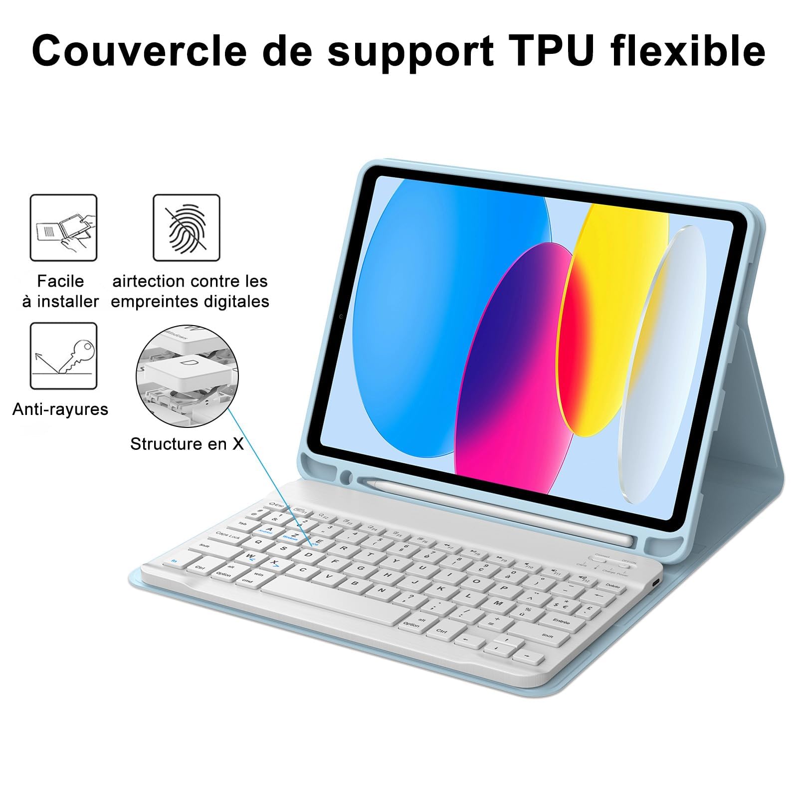 IVEOPPE Coque Clavier pour iPad A16 11/10ème Generation (11 Pouces 2025/10.9 Pouces 2022), Étui Keyboard AZERTY Layout sans Fil Bluetooth avec Porte Crayon, Bleu Azur