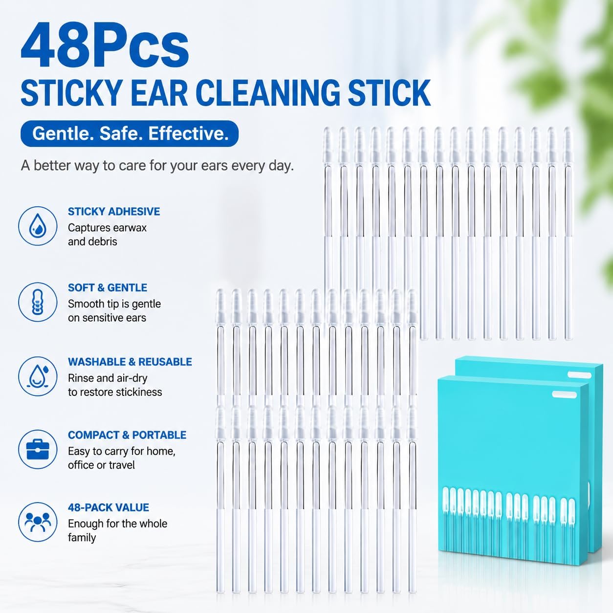 48Pcs Sticky Ear Cleaning Stick, Reusable Adhesive Ear Pick with Soft Rubber Tip for Gentle Ear Care, Compact Personal Hygiene Kit for Home, Travel, and Family Use