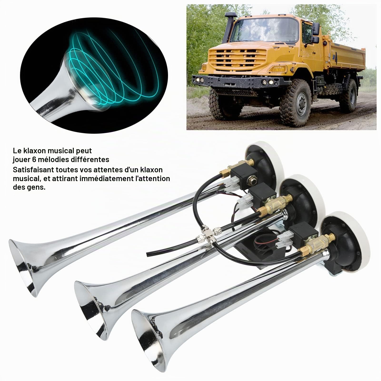 Car 3 Trompette Musicale, DC 12V/24V Super Loud Sound 145dB Chromé Truck Musical Air Horn avec 6 Tons Différents, Music Airhorn pour Trcuk Car Yacht