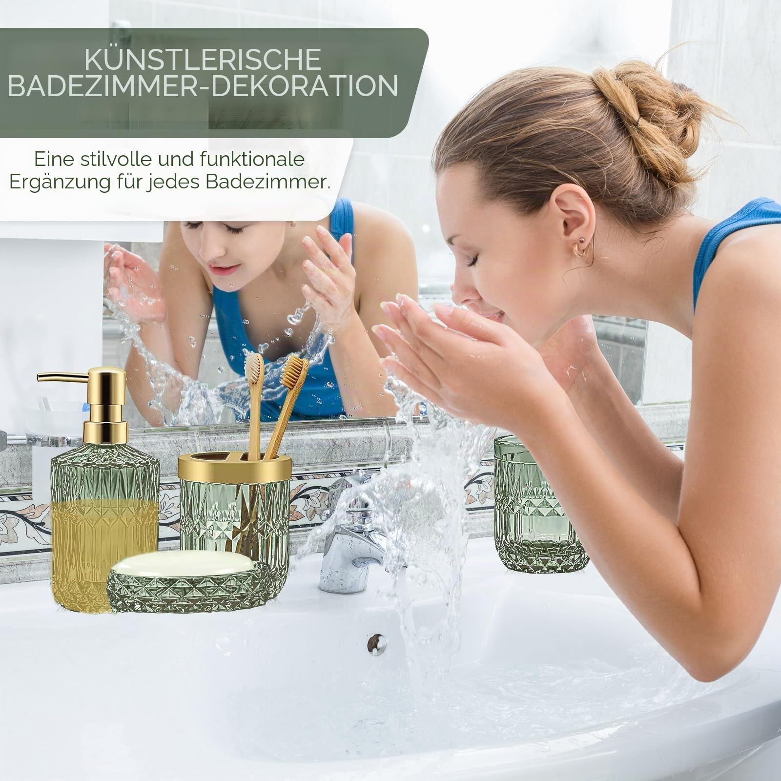 5-teiliges Badezimmer-Set aus Glas, Stilvolle Badezimmer-Deko mit Seifenspender, Zahnbürstenhalter, Wattepad-Halter, Becher, Seifenschale für Waschtisch, Badezimmer(Grün)