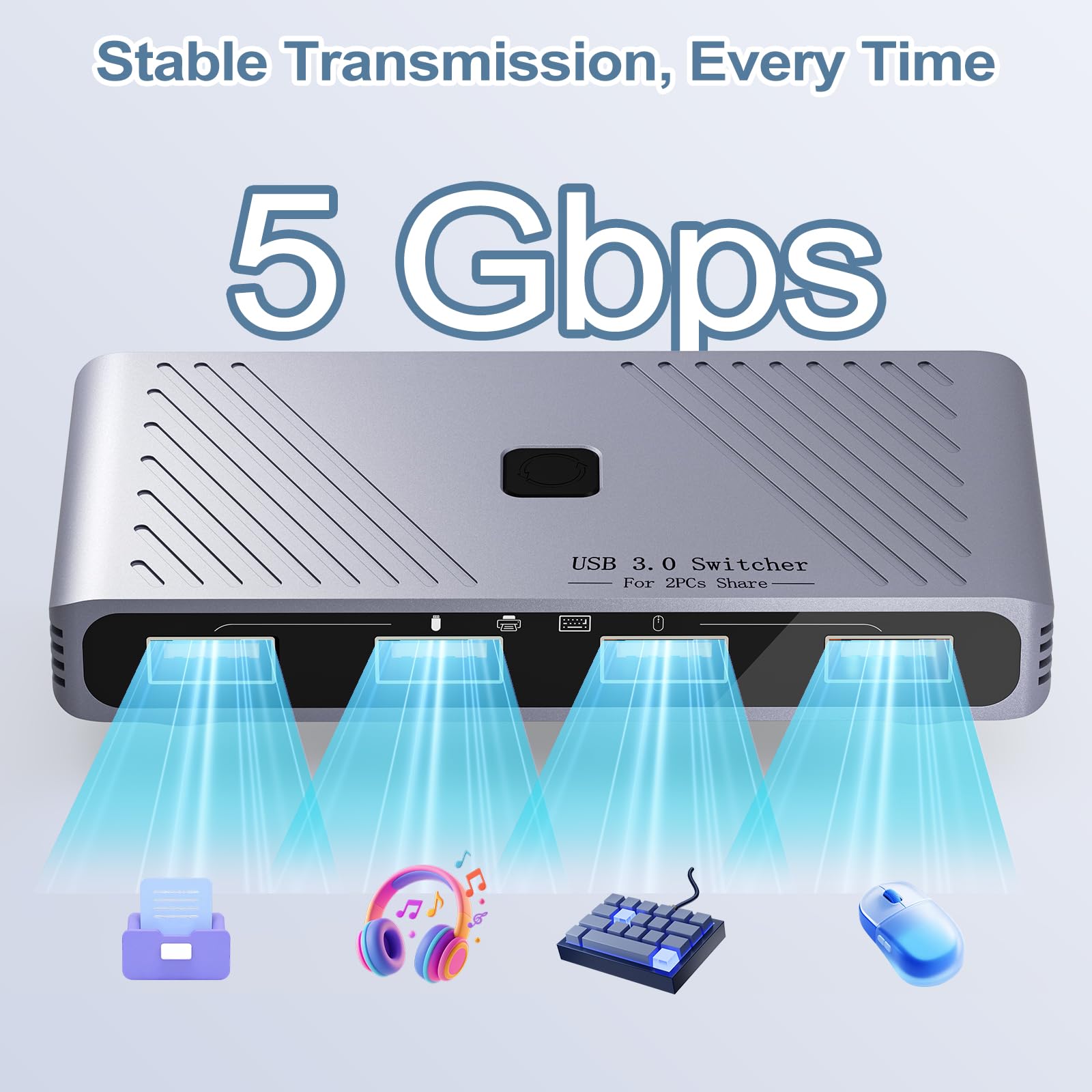 USB 3.0 Switch, 2 Computer Sharing 4 USB-Geräte, Ein-Knopf-Schalter für Tastatur, Maus, Drucker, Scanner, USB-Peripherie-Sharing-Hub für PC, Laptop mit 2 USB-3.0-Kabeln, Gehäuse aus Aluminiumlegierung