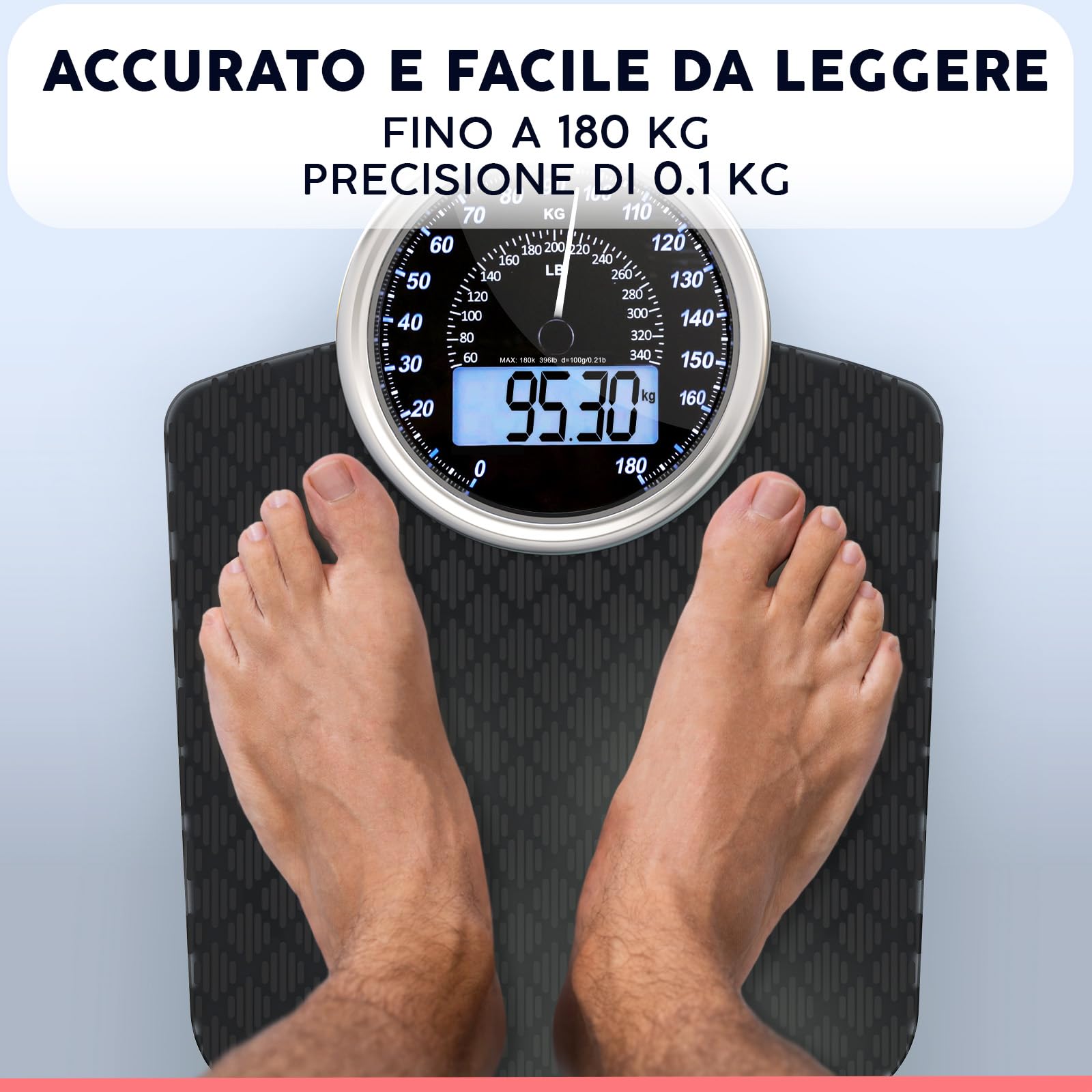 Hybrid Bilancia Pesapersone - Analogica & Digitale, Precisa fino a 180 kg | Leggete il peso su quadrante analogico e LCD insieme. Piattaforma larga, 3 batterie AAA incluse, pronta all'uso.