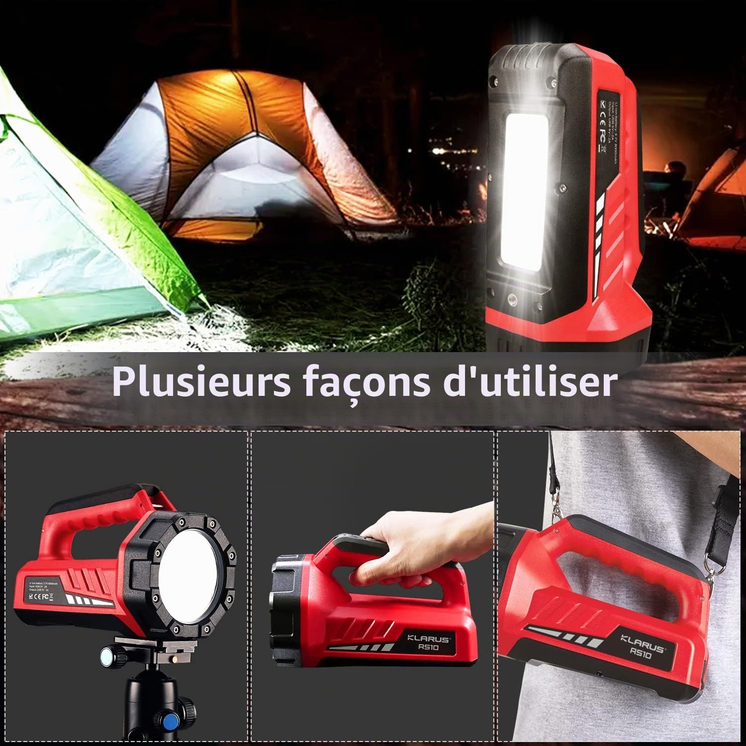 klarus RS10 Lampe torche puissante rechargeable 800 lumens avec lumière COB blanc/rouge 8000 mAh, batterie externe 8000 mAh, 7 modes de lumière pour urgences, randonnée, usage domestique