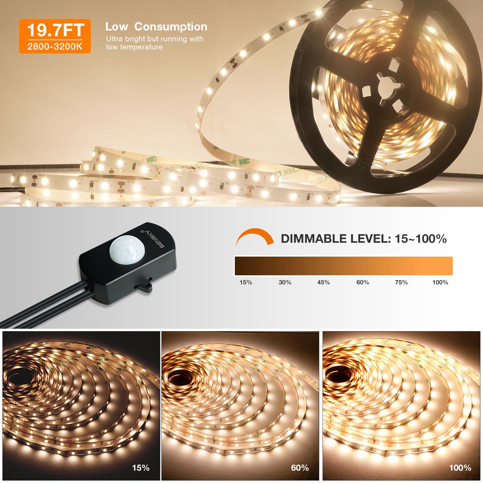 Sensky 19.7ft/6m Motion Activated LED Strip Light Kit Flexible LED Strip Motion Sensor for Bedroom, Gun Safe, Under Cabinet, Under Bed, Pantry, Kitchen, Stairway, Closet(Warm White 3000-3500K)