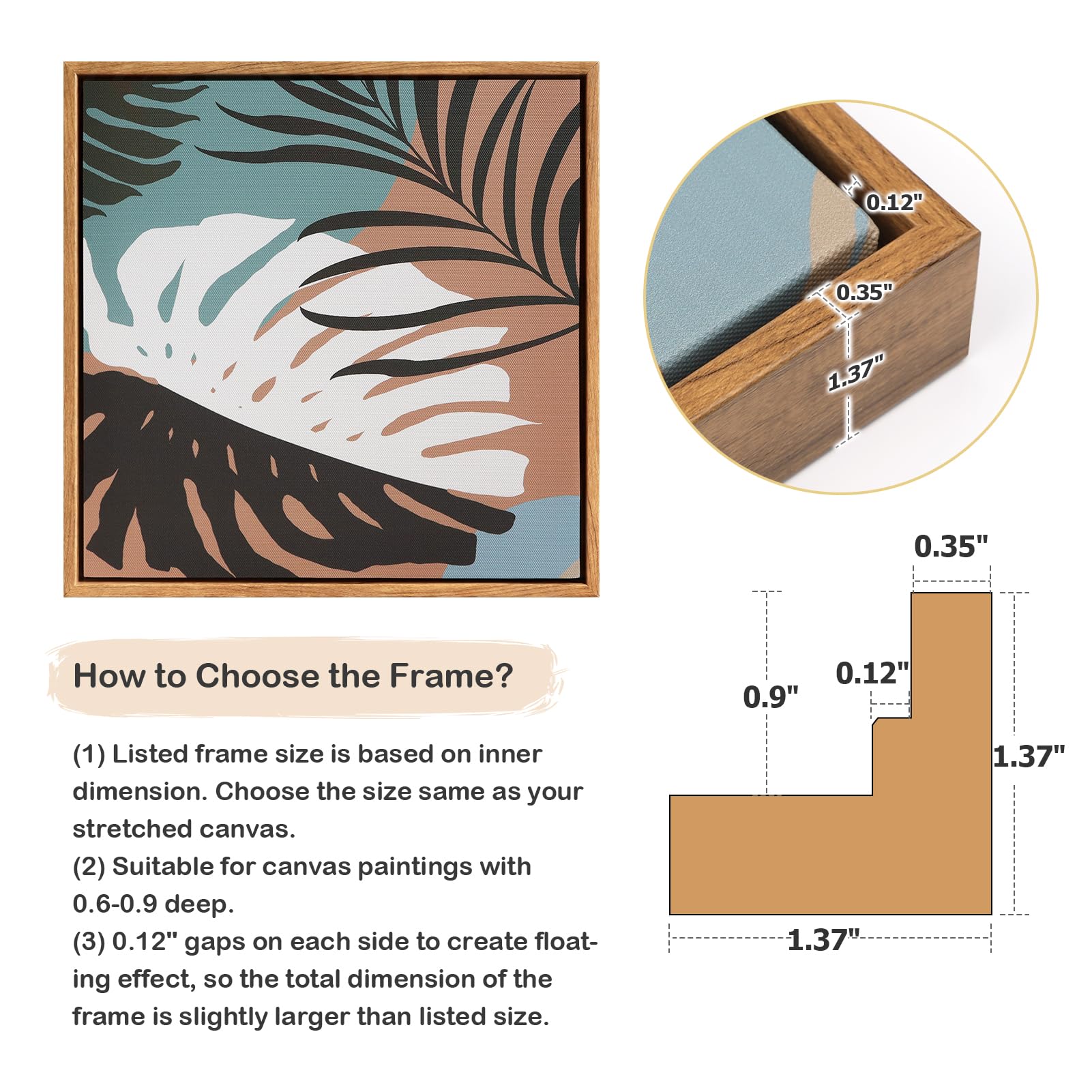 FOLKOR Canvas Floater Frame for 8x8 Prints or Oil Paintings, 2 Pack 0.9 Inch Depth Floating Frame for Stretched Canvas Art, Home Office Gallery Wall Decor, Horizontal or Vertical Display (Brown)