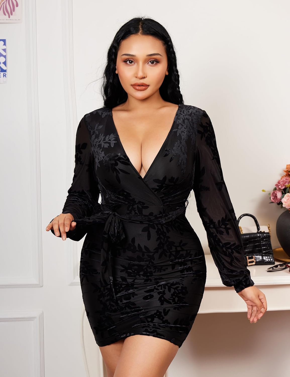 YMDUCH Women Sexy V Neck Long Sleeve Velvet Floral Bodycon Ruched Mini Cocktial Party Dress - Image 7