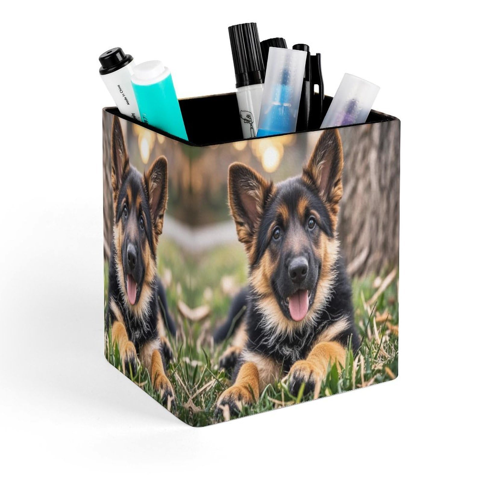 FekiLoot German Shepherd Puppy Pencil Holder for Desk Square Leather Pen Holder Cup Desktop Organizer Multi-Functional Pencil Cup Holders Modern Decorative Desk Organizer Caddy Makeup Brush Holders