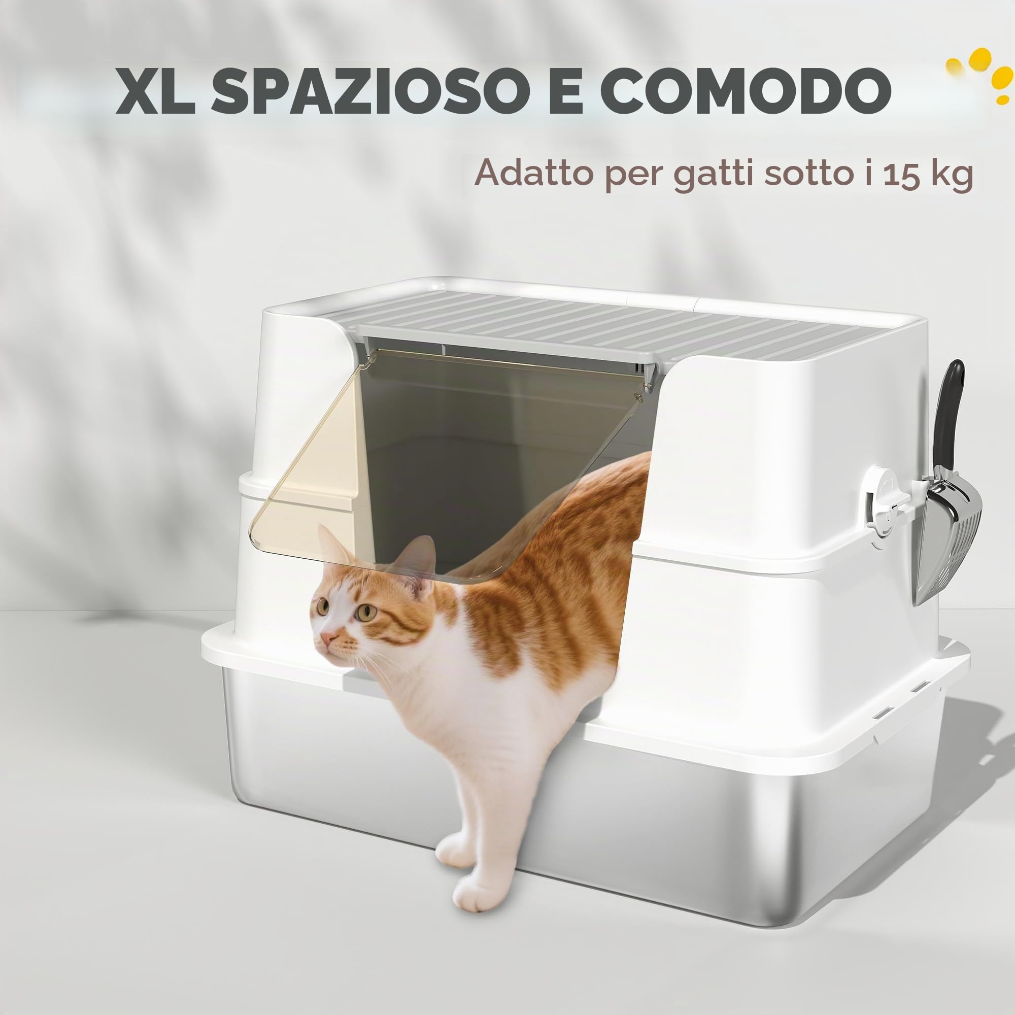 PawHut Lettiera per gatti in acciaio inox con coperchio, XL, con paletta, pedale, facile da pulire, resistente agli odori per gatti di grandi dimensioni fino a 15 kg, 60,2 x 40,2 x 44,5 cm, grigio