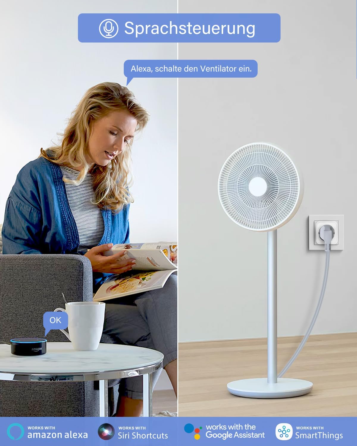 A woman using an Amazon Echo device to control a smart fan connected to an Avatar Controls smart plug via voice command.