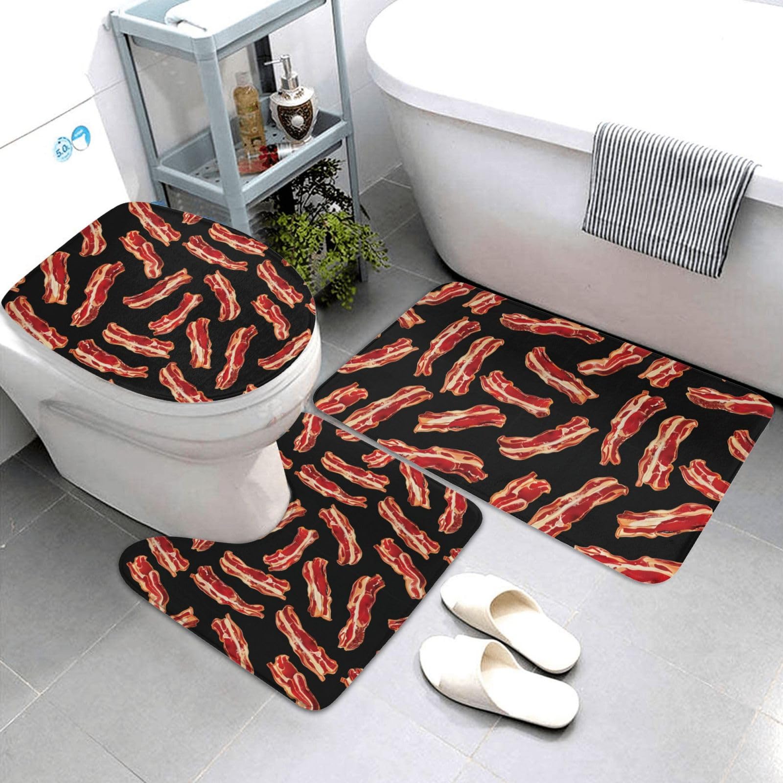 Tapis de salle de bain motif bacon doux avec housse pour abattant de toilette en U