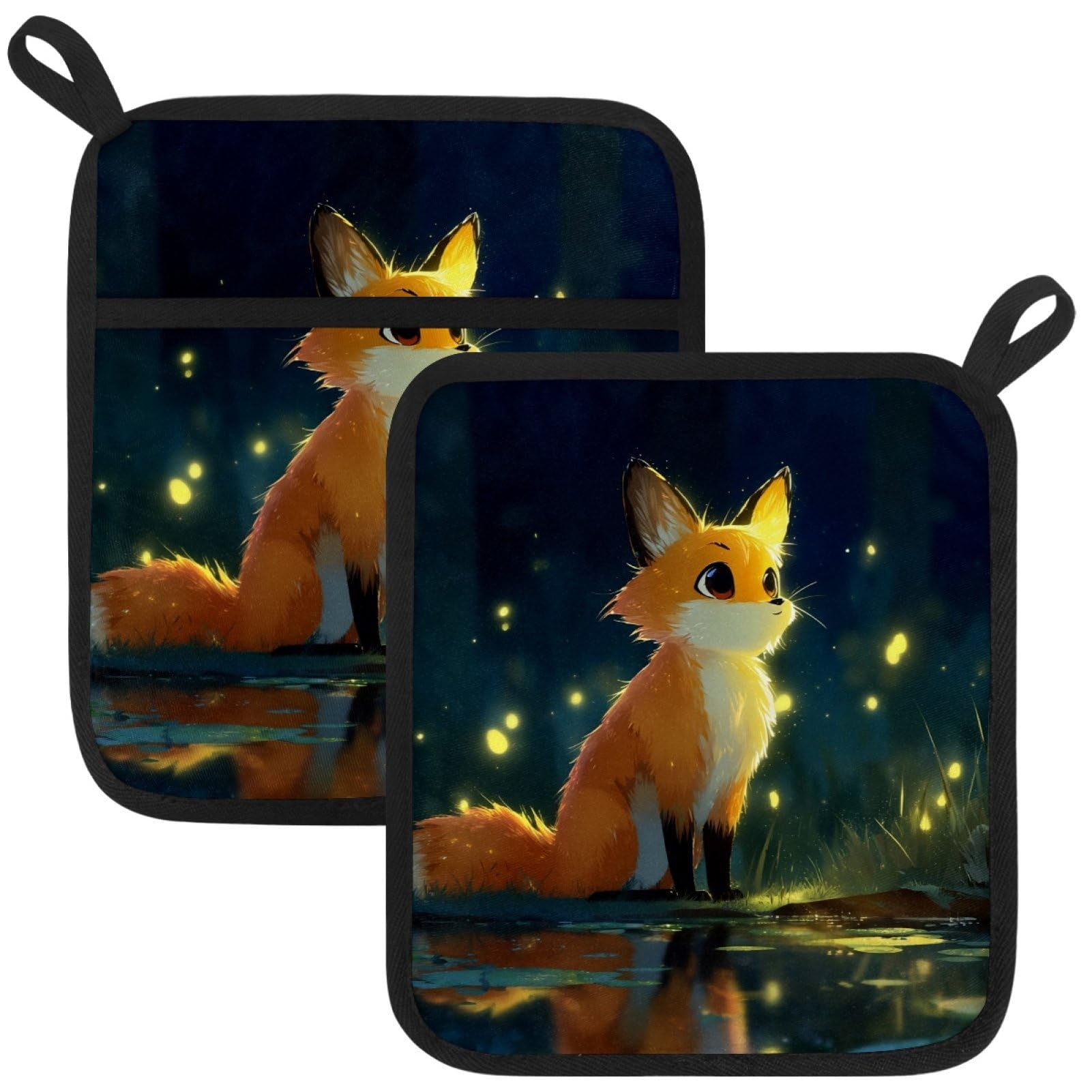 VAPOKF Cute Fox Heat Resistant Pot Holders, Thick Pot Holders Pad with Hanging Loop for Kitchen, Oven Cloth Pads for Kitchen Baking Microwave Oven