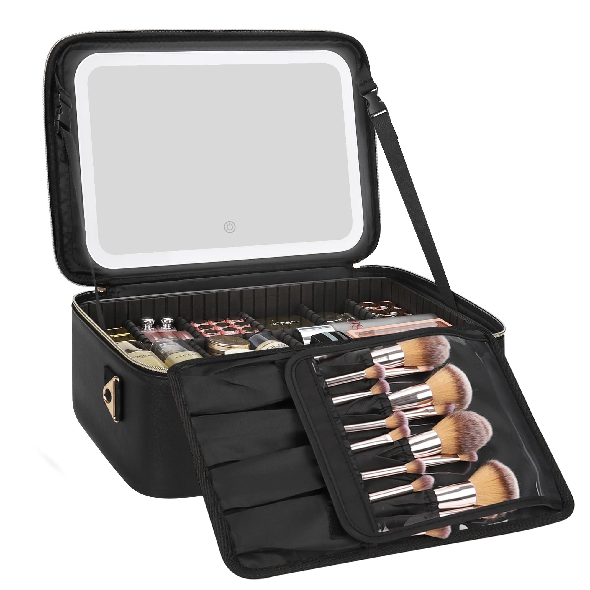 Relavel Travel Makeup Bag With LED Mirror, 16.2" Large Makeup Train Case, 3 Color Scenarios Adjustable Brightness, Waterproof Makeup Train Case