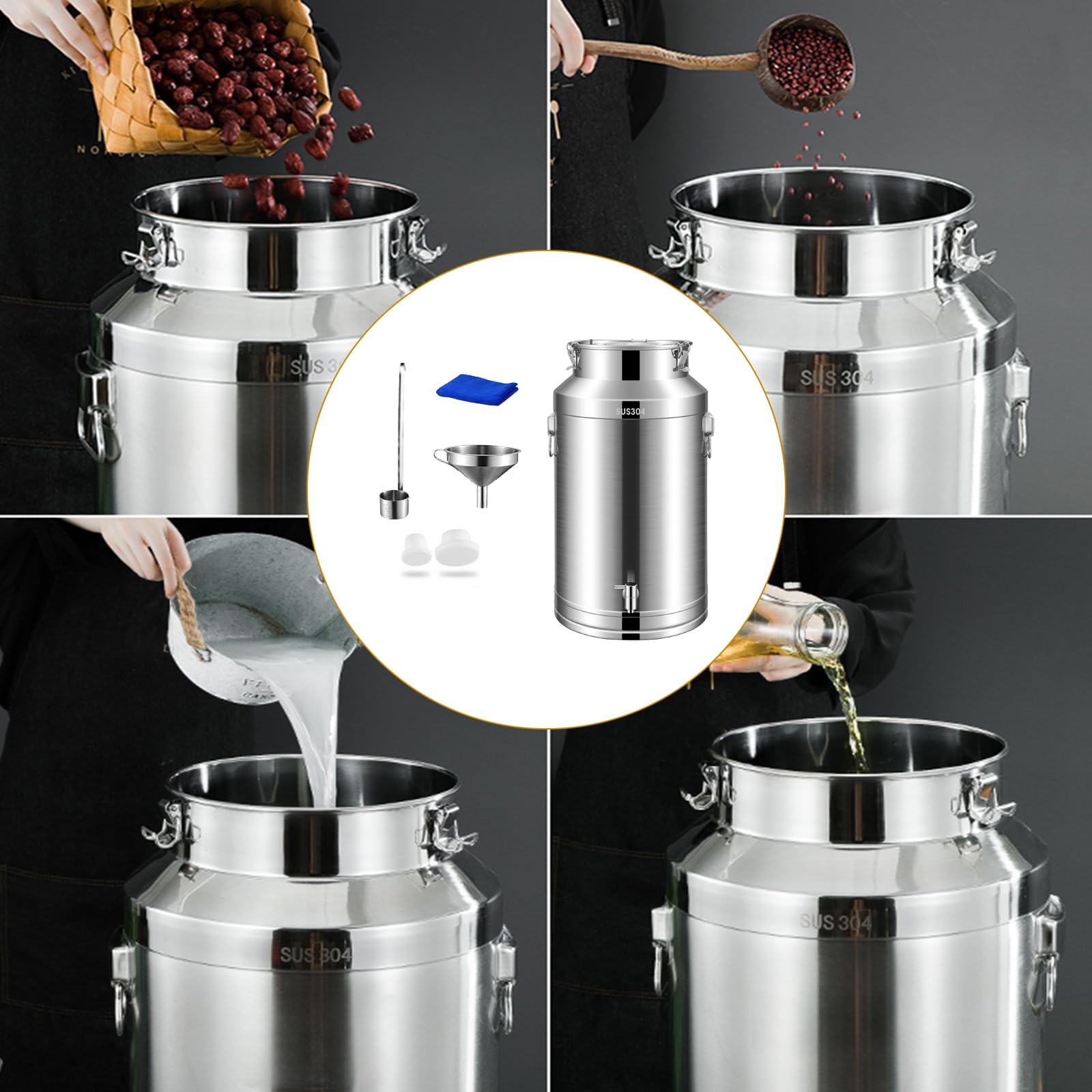 Cubo de leche de acero inoxidable, barril de transporte sellado para contenedor de almacenamiento de líquidos/alimentos, con asa de transporte y tapa de empuje, ideal para restaurante, hotel, tienda