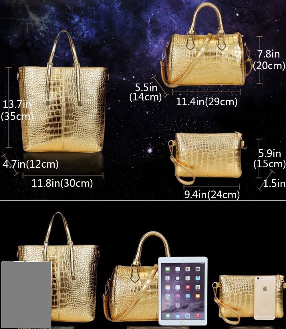 Women Tote Purses and Handbags 3pcs PU Crocodile Pattern Top-handle Satchel Clutch Wallet - Image 2