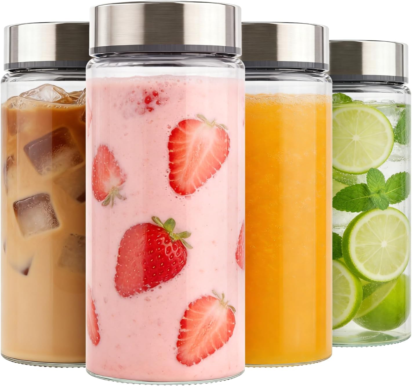 16 oz Wide Mouth Glass Juice Bottles with Stainless Steel Lids, Leakproof, Airtight, Reusable, Dishwasher Safe, Cup Holder Friendly, Brush Included, for Juicing, Smoothie, Infused Water, 4 Pack